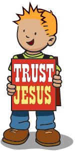 boy with board saying trust Jesus